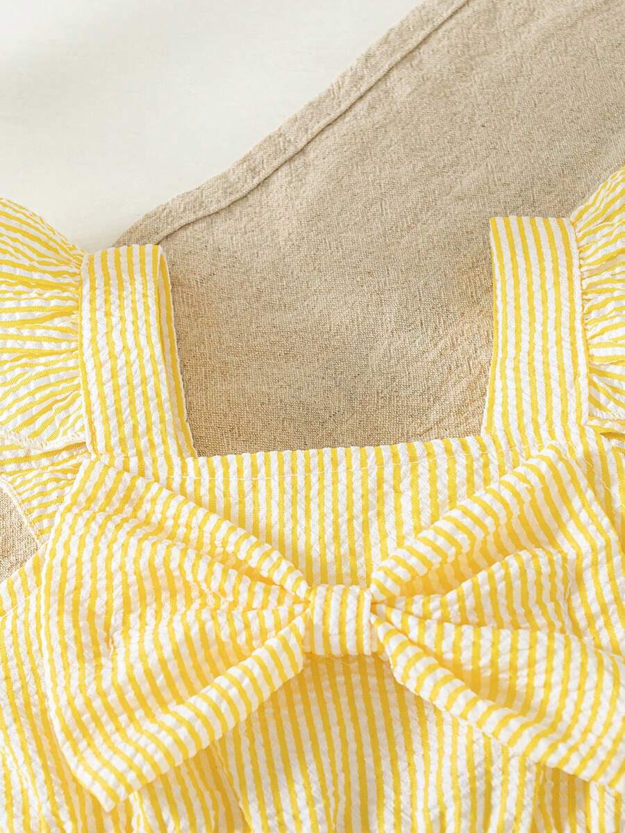 Summer Baby Girl Striped Romper Outfit With Big Bow Cap Sleeve And Sun Hat Gift Set
