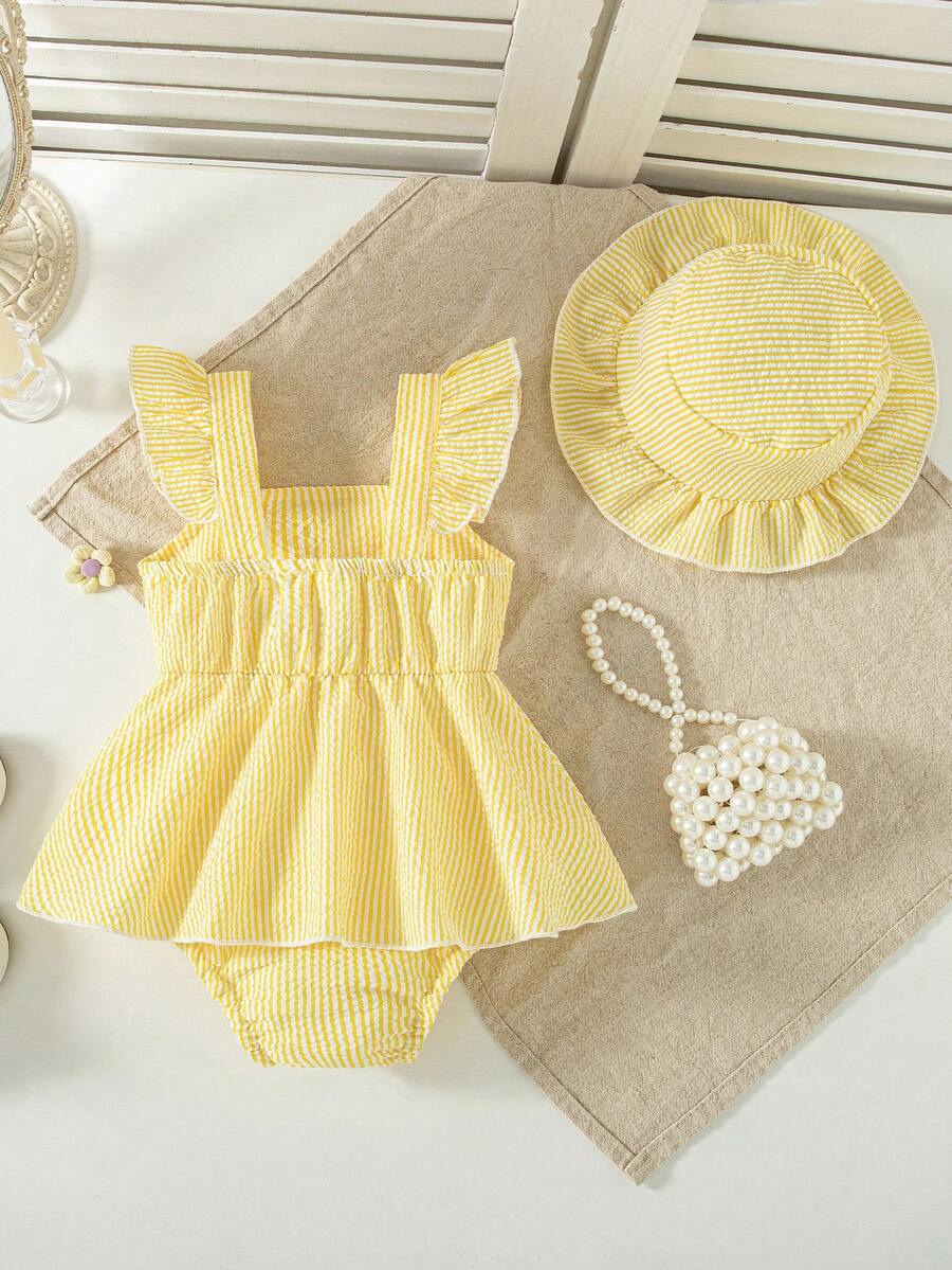 Summer Baby Girl Striped Romper Outfit With Big Bow Cap Sleeve And Sun Hat Gift Set