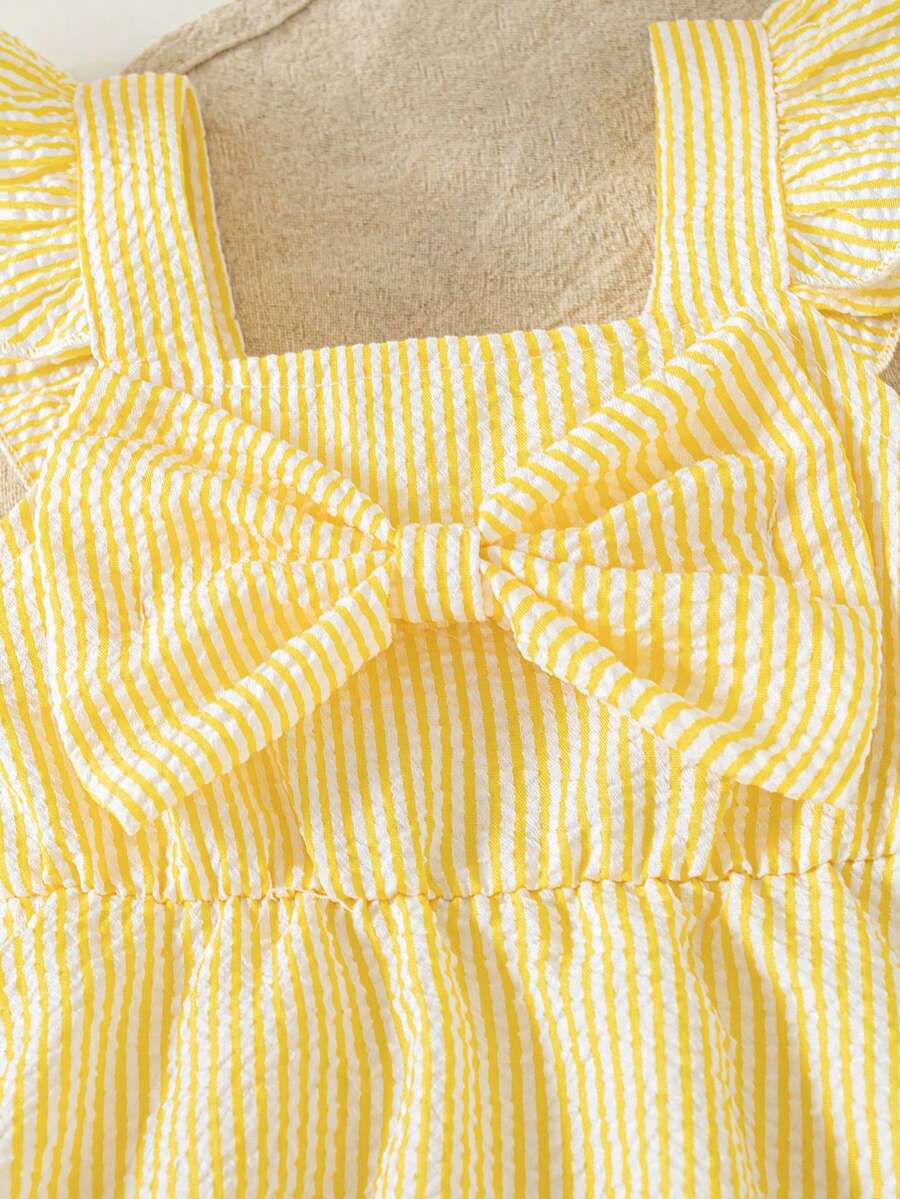 Summer Baby Girl Striped Romper Outfit With Big Bow Cap Sleeve And Sun Hat Gift Set