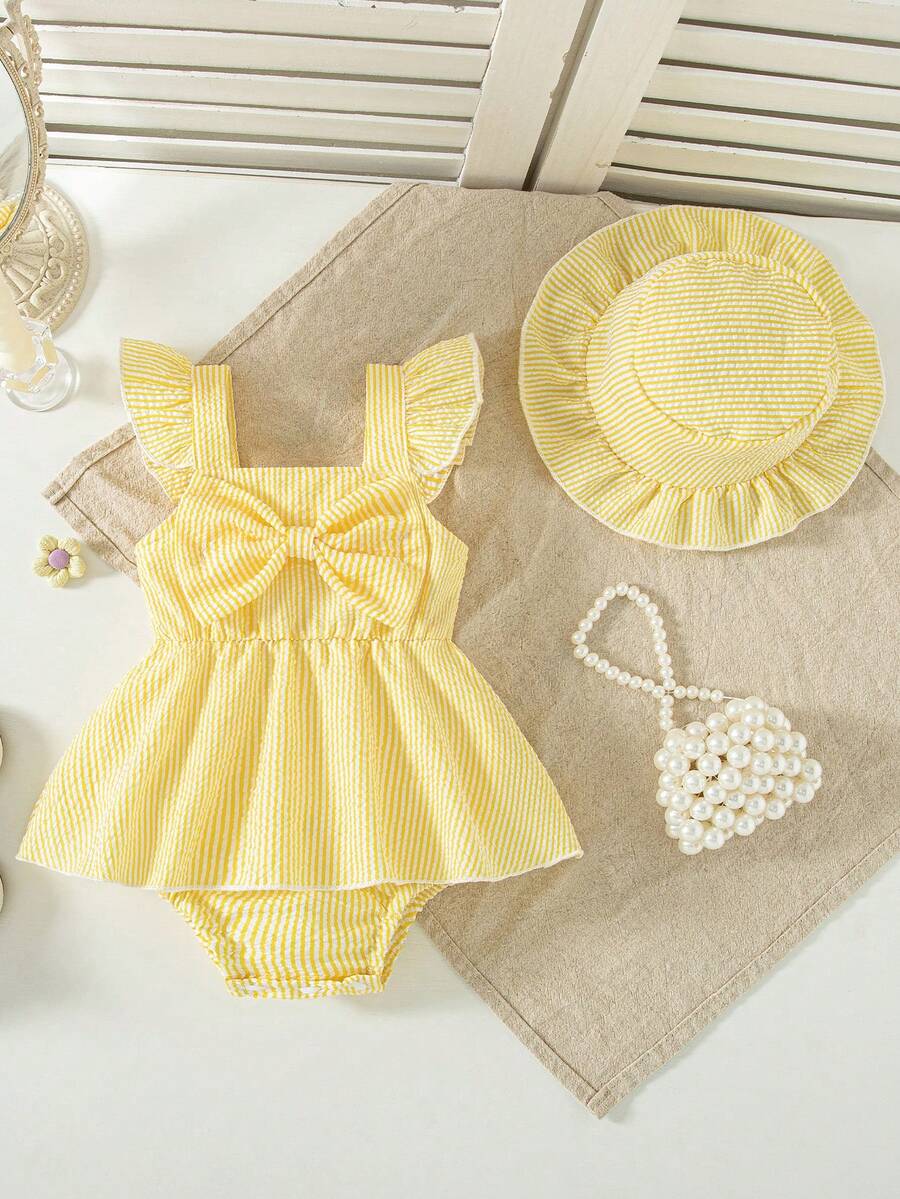 Summer Baby Girl Striped Romper Outfit With Big Bow Cap Sleeve And Sun Hat Gift Set