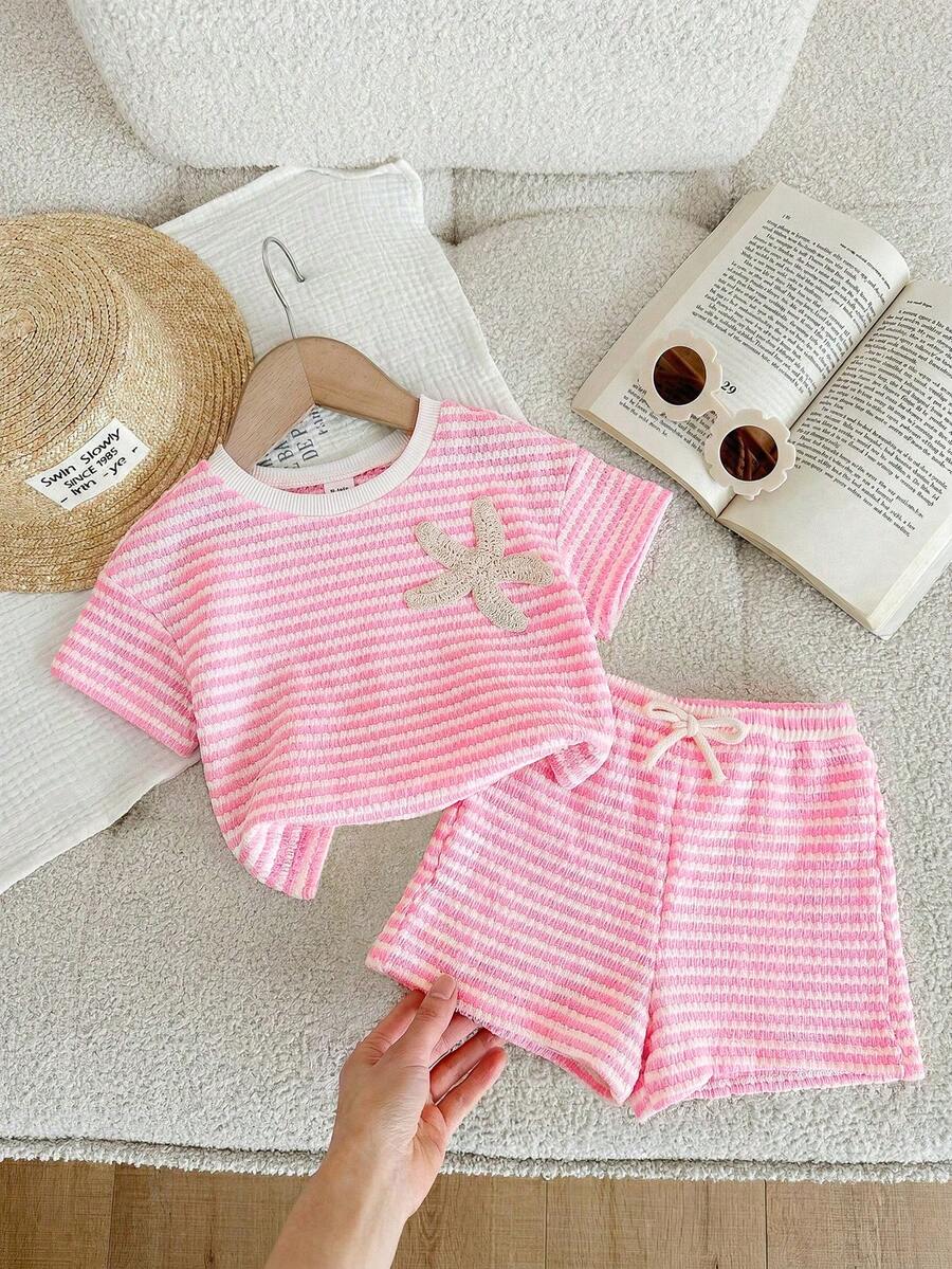 Baby Girl 2-Piece Summer Clothes Set: Striped Knitted Tee and Matching Shorts