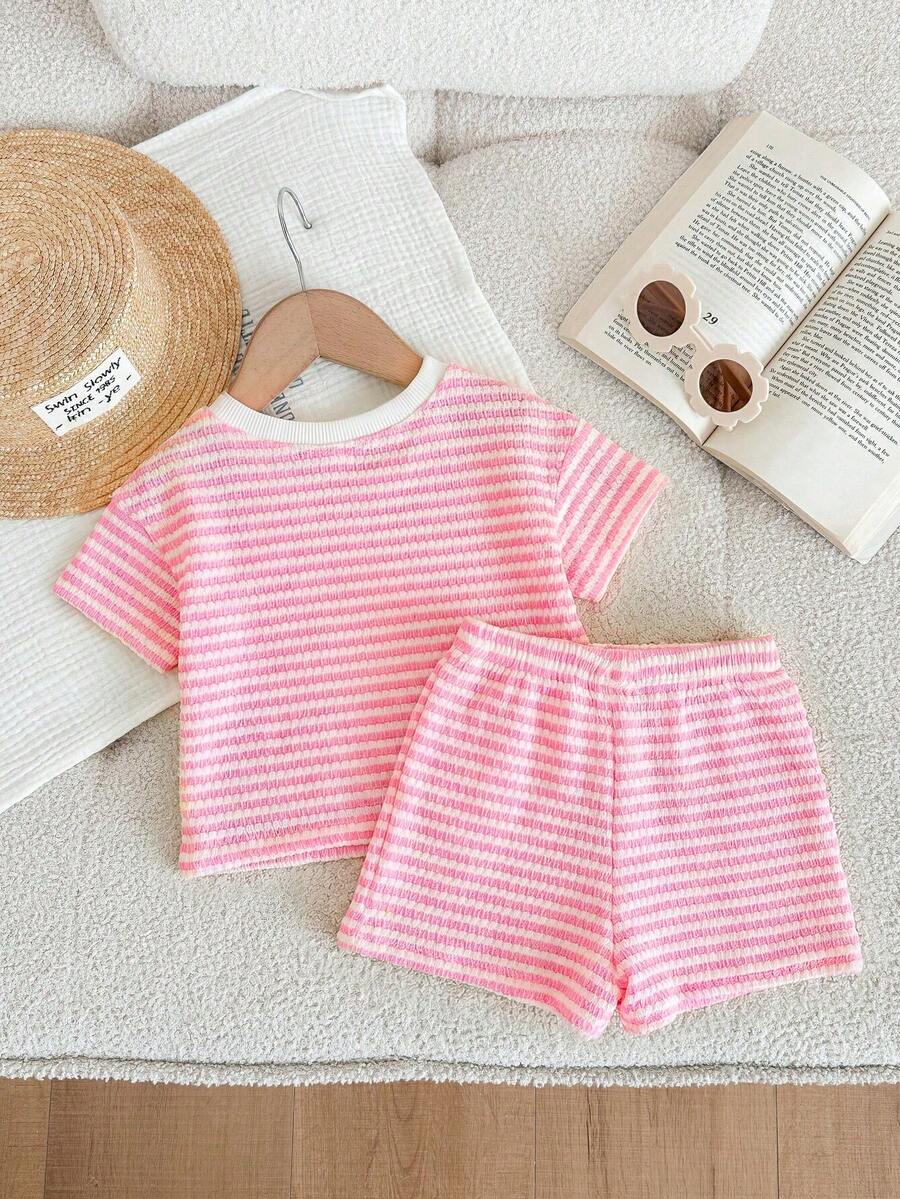 Baby Girl 2-Piece Summer Clothes Set: Striped Knitted Tee and Matching Shorts