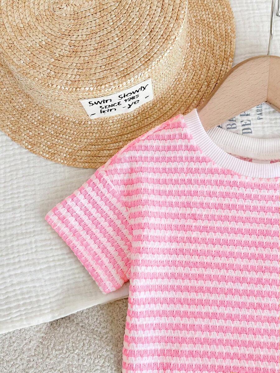 Baby Girl 2-Piece Summer Clothes Set: Striped Knitted Tee and Matching Shorts
