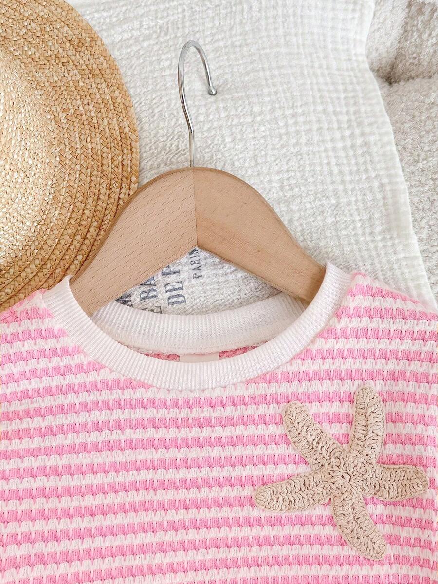 Baby Girl 2-Piece Summer Clothes Set: Striped Knitted Tee and Matching Shorts