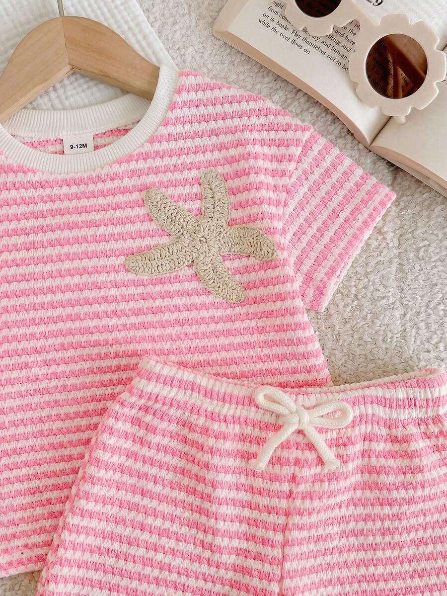 Baby Girl 2-Piece Summer Clothes Set: Striped Knitted Tee and Matching Shorts