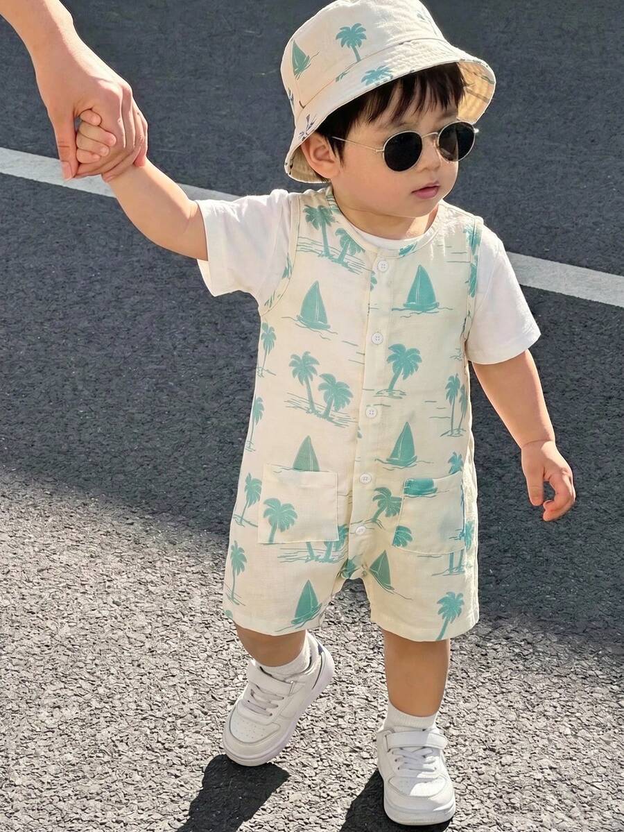 Baby Boy White Sleeveless Romper with Pockets Casual Short Jumpsuit for Everyday Wear