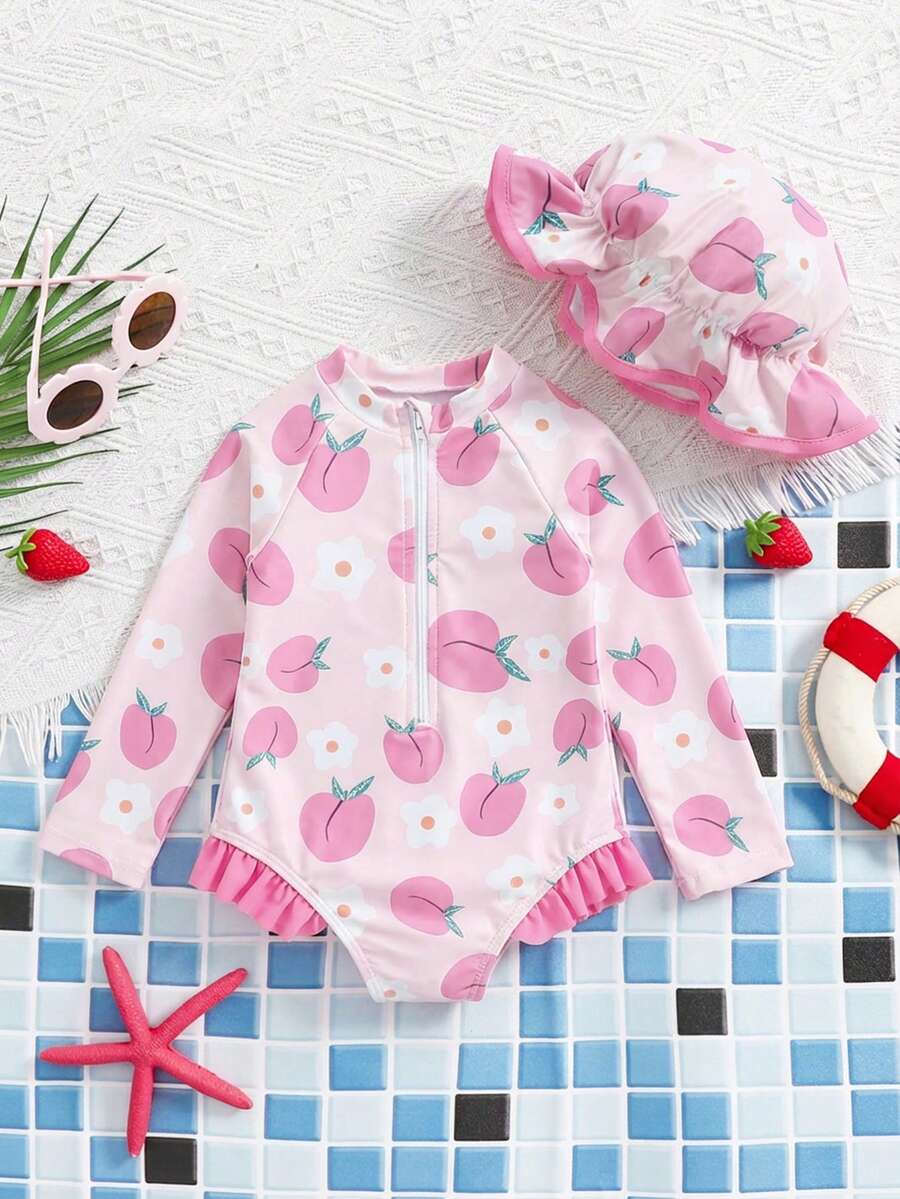 Baby Girls Cartoon Print Swimsuit Romper Casual Summer Vacation Beachwear