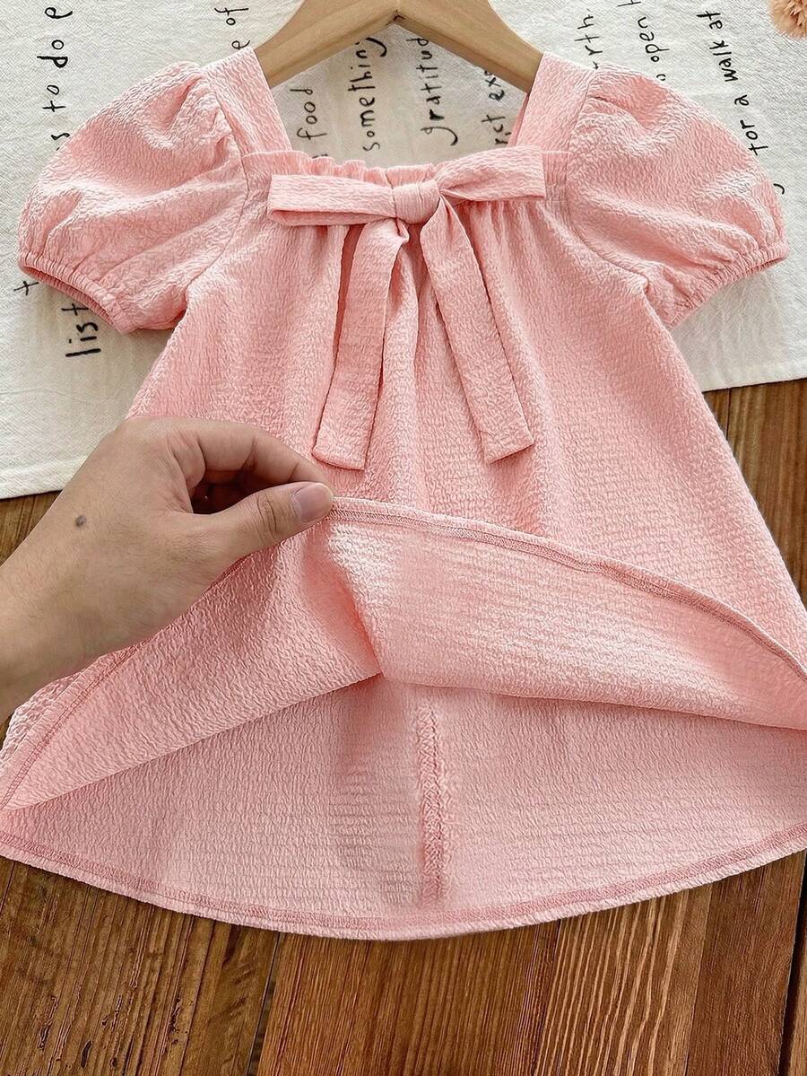 Baby Girl Plaid Bow Detail Short Sleeve Dress Cute Summer Vacation Outfit