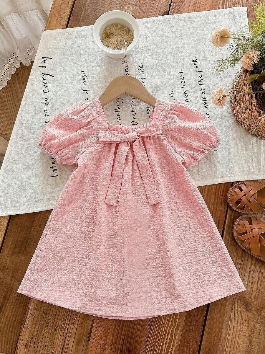 Baby Girl Plaid Bow Detail Short Sleeve Dress Cute Summer Vacation Outfit