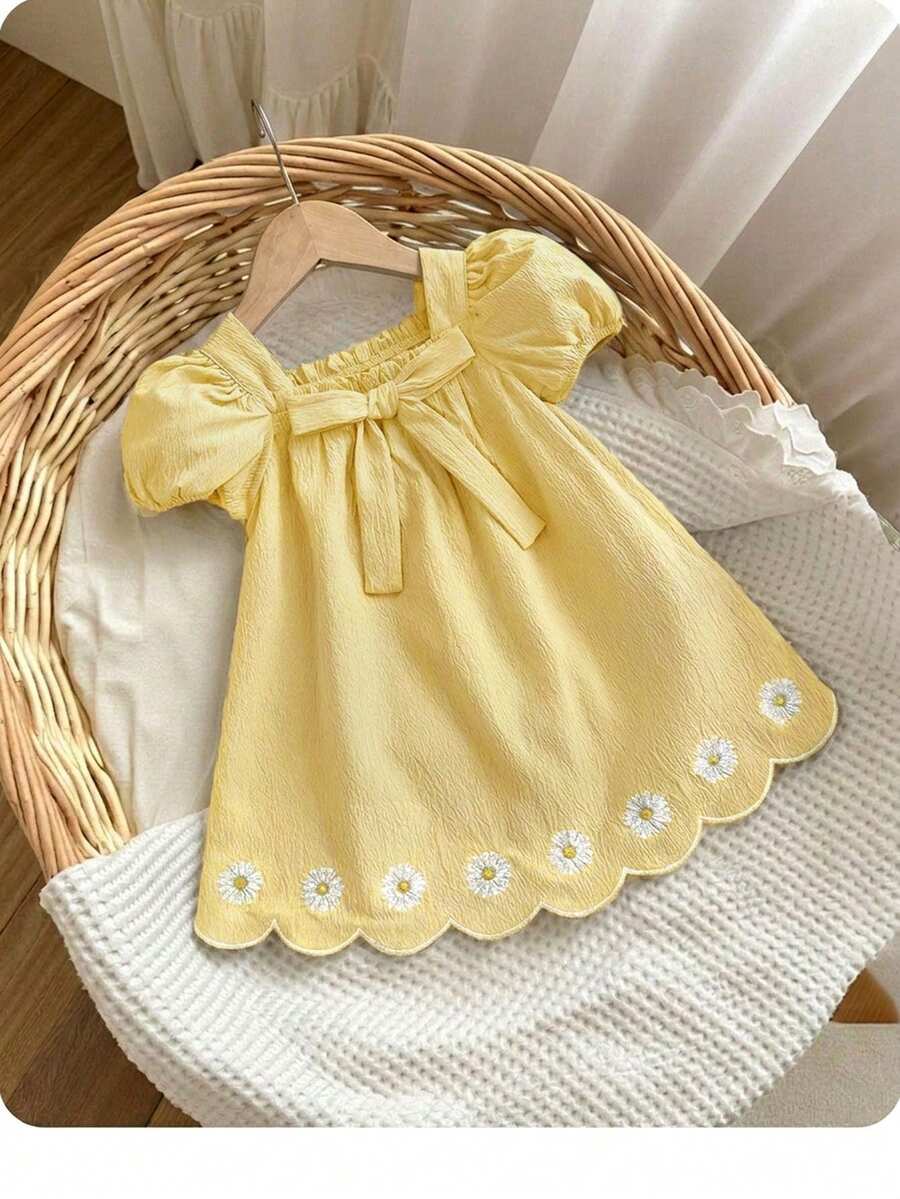 Baby Girl Plaid Bow Detail Short Sleeve Dress Cute Summer Vacation Outfit