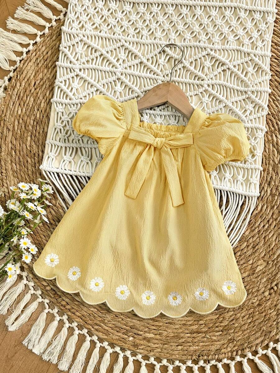 Baby Girl Plaid Bow Detail Short Sleeve Dress Cute Summer Vacation Outfit
