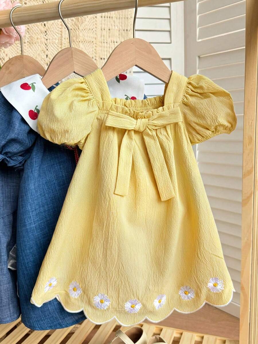 Baby Girl Plaid Bow Detail Short Sleeve Dress Cute Summer Vacation Outfit