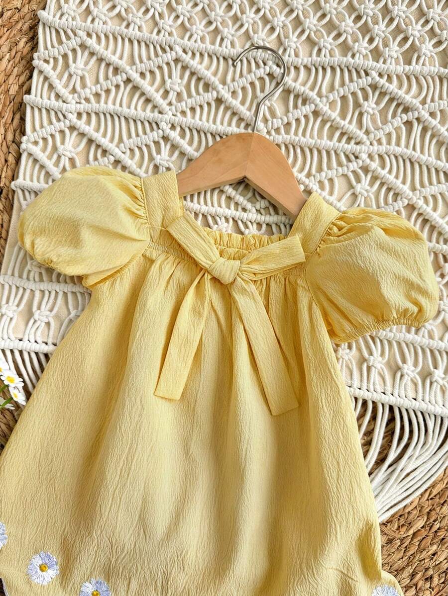 Baby Girl Plaid Bow Detail Short Sleeve Dress Cute Summer Vacation Outfit