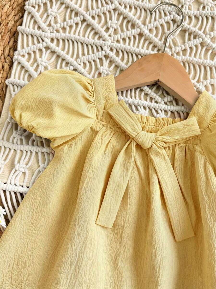 Baby Girl Plaid Bow Detail Short Sleeve Dress Cute Summer Vacation Outfit