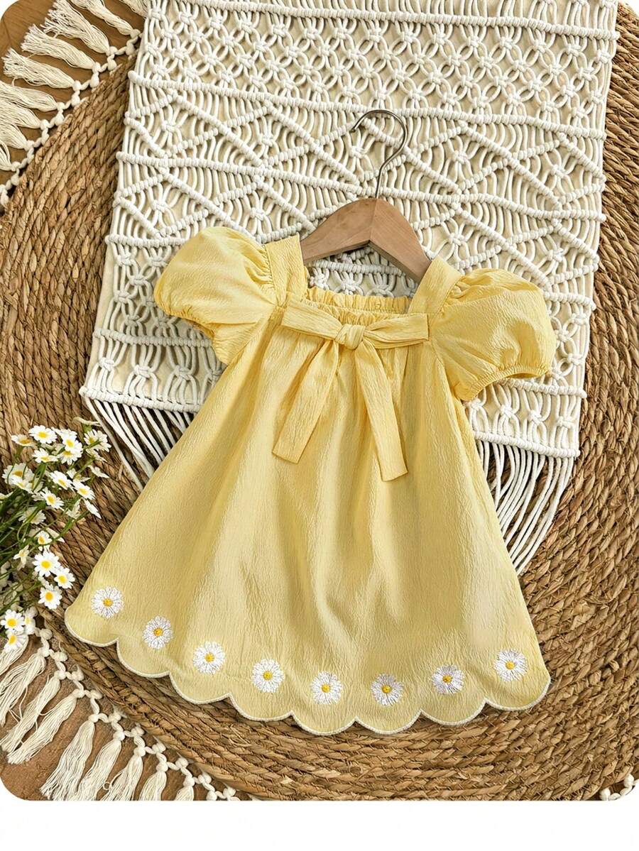 Baby Girl Plaid Bow Detail Short Sleeve Dress Cute Summer Vacation Outfit