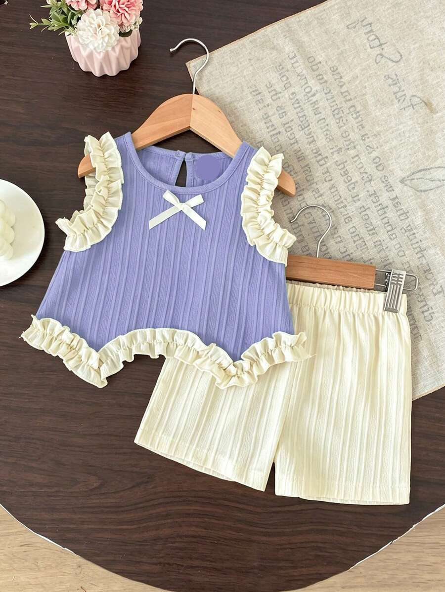 Light Green Vest Top And Apricot Shorts Set For Toddler Girls Vacation Wear