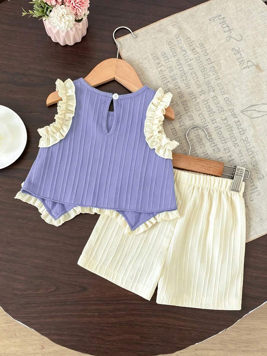 Light Green Vest Top And Apricot Shorts Set For Toddler Girls Vacation Wear