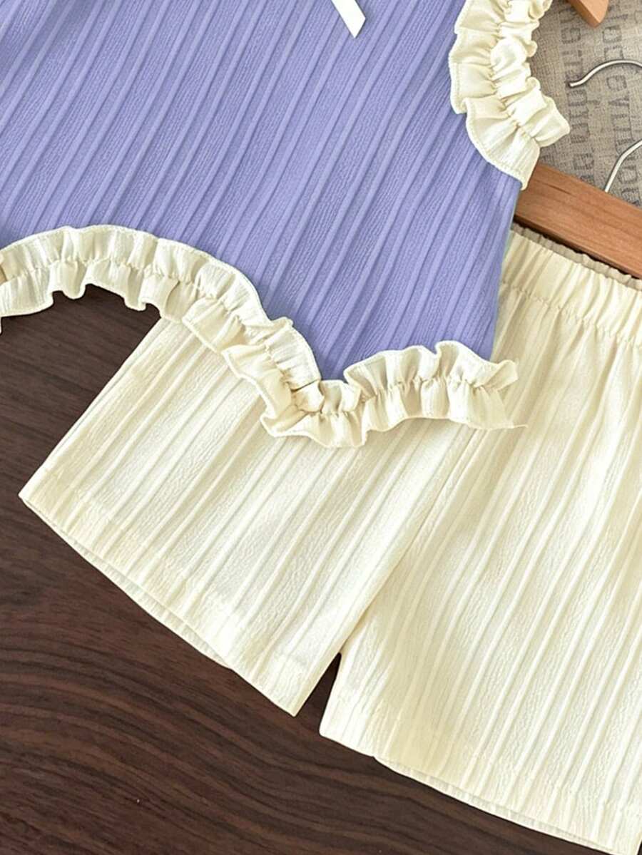 Light Green Vest Top And Apricot Shorts Set For Toddler Girls Vacation Wear