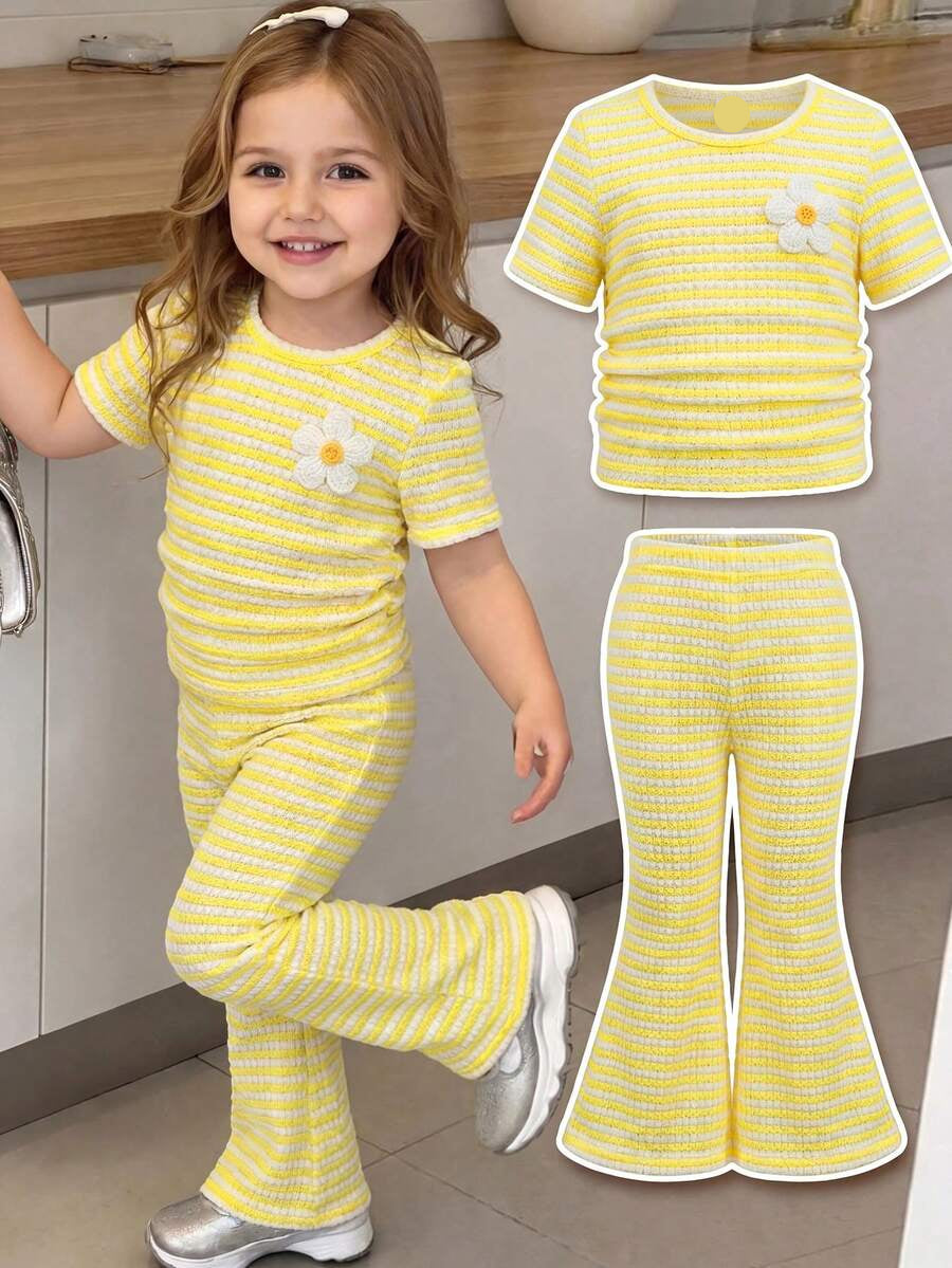 Spring Summer Flare Pants Outfit For Little Girls With Bow Print Design