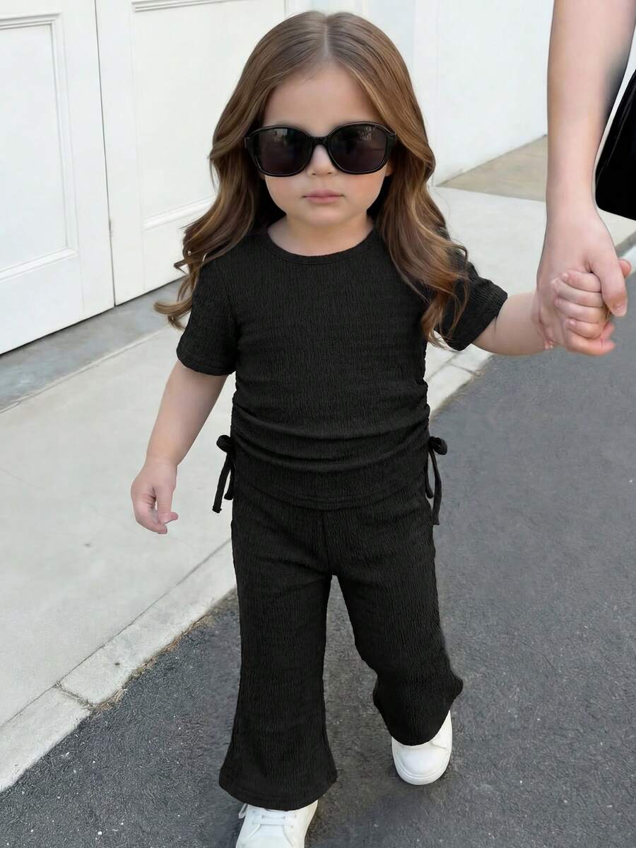 Spring Summer Flare Pants Outfit For Little Girls With Bow Print Design