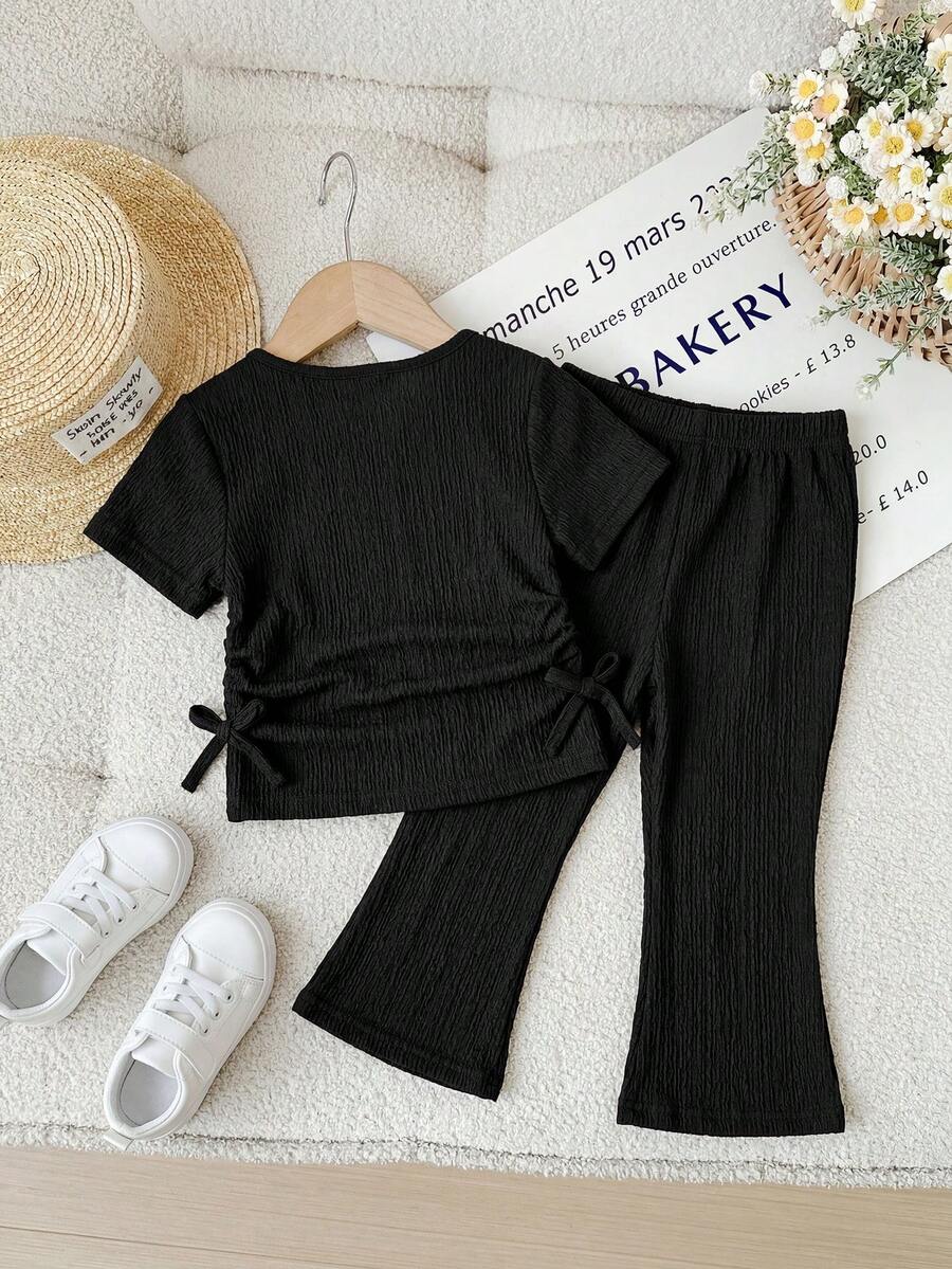 Spring Summer Flare Pants Outfit For Little Girls With Bow Print Design