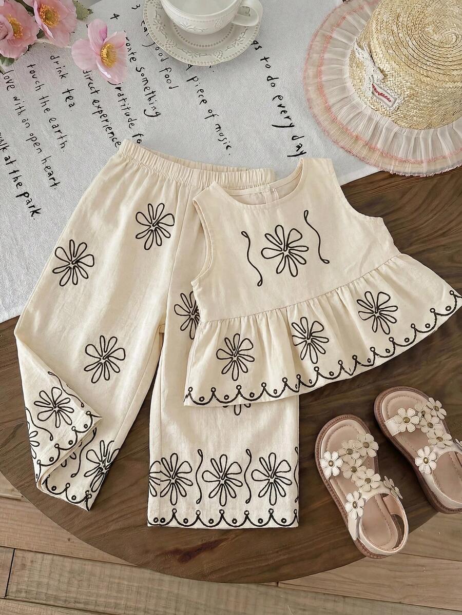 Casual Summer Pants Outfit For Kids Girls Ditsy Floral Fashion Wear