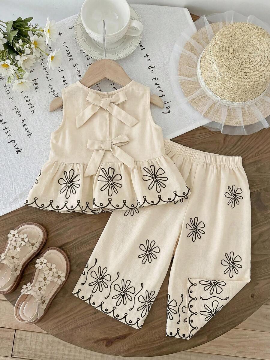 Casual Summer Pants Outfit For Kids Girls Ditsy Floral Fashion Wear