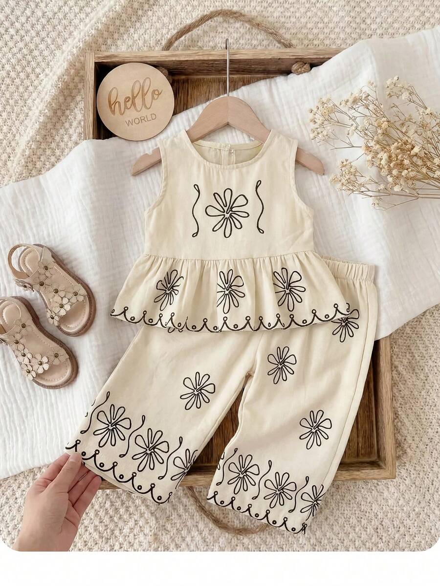 Casual Summer Pants Outfit For Kids Girls Ditsy Floral Fashion Wear