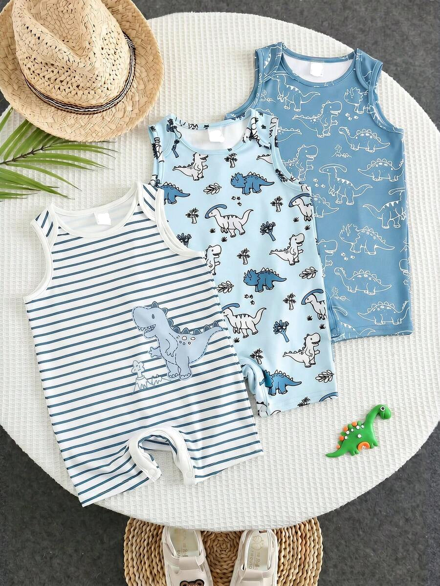 Unisex Newborn Baby Dinosaur Print Sleeveless Romper 3 Piece Casual Cartoon Outfit Set