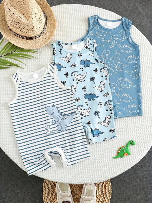 Unisex Newborn Baby Dinosaur Print Sleeveless Romper 3 Piece Casual Cartoon Outfit Set