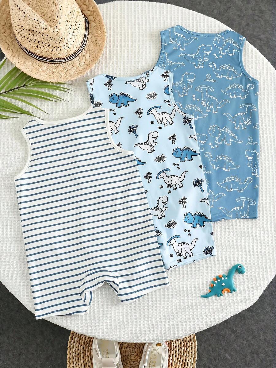 Unisex Newborn Baby Dinosaur Print Sleeveless Romper 3 Piece Casual Cartoon Outfit Set