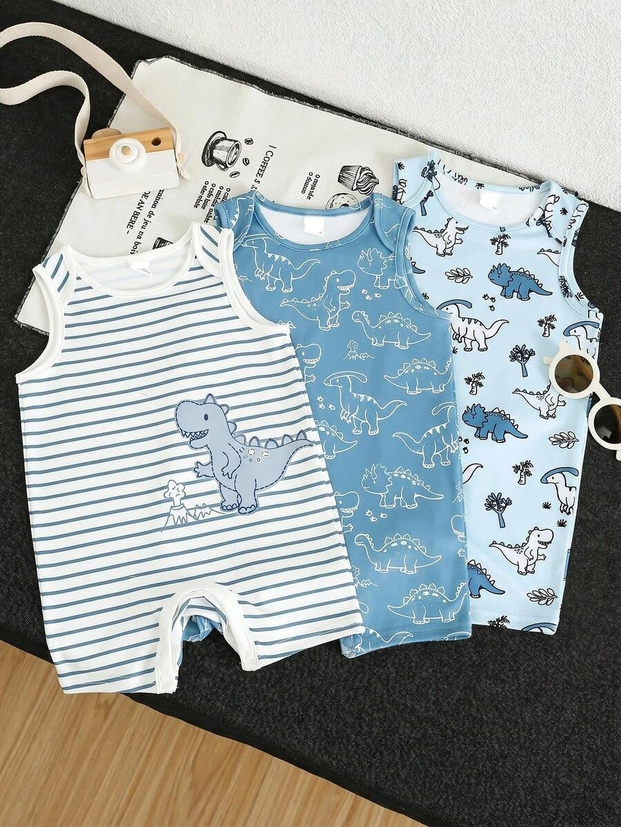 Unisex Newborn Baby Dinosaur Print Sleeveless Romper 3 Piece Casual Cartoon Outfit Set