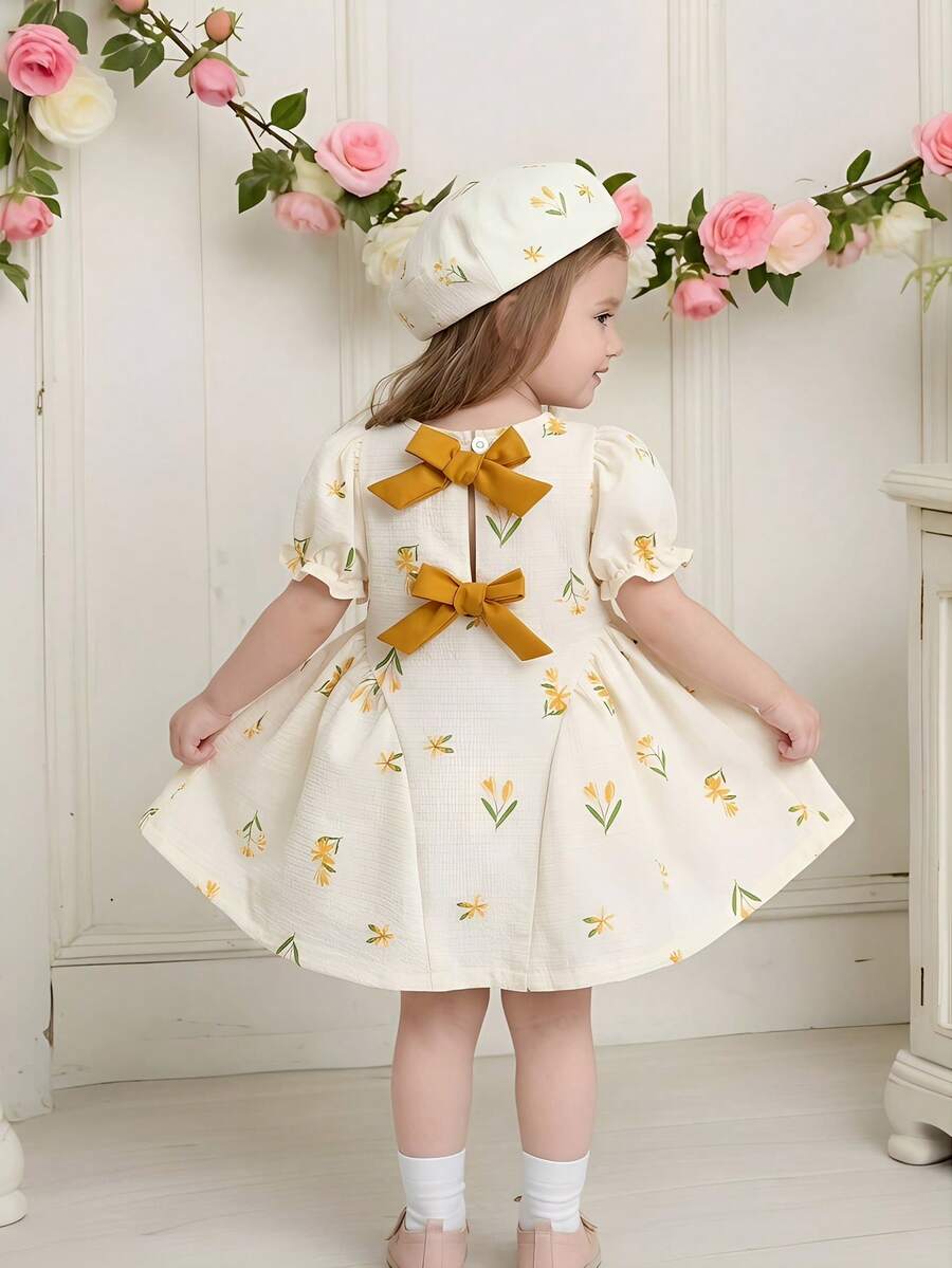 Baby Girls Cherry Plaid Dress And Beret Hat Set Cute Summer Vacation Outfit