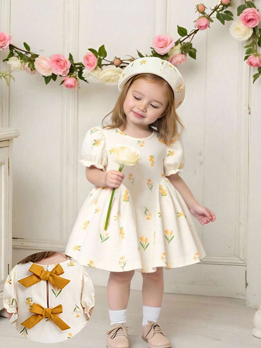 Baby Girls Cherry Plaid Dress And Beret Hat Set Cute Summer Vacation Outfit