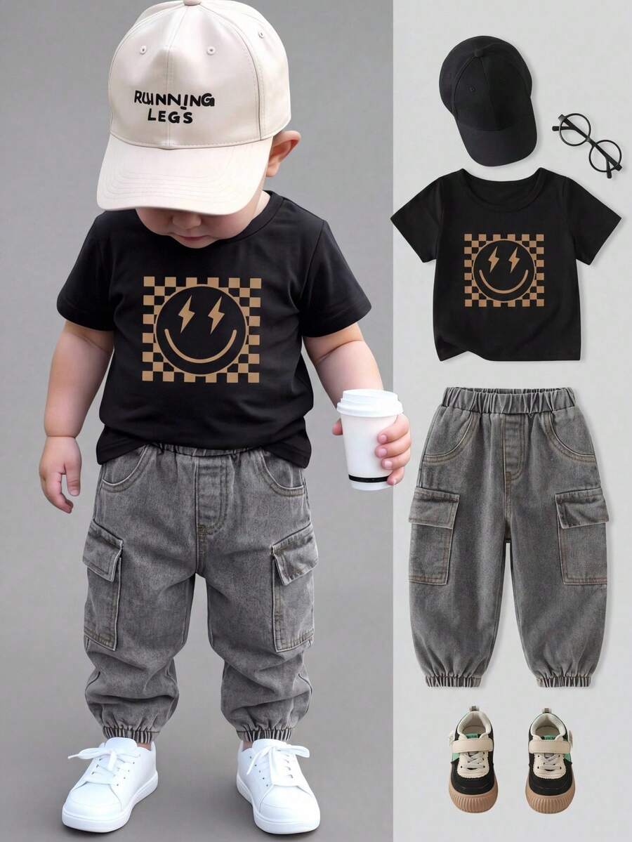 Baby Boy Letter Print T Shirt and Large Pocket Pants 2 Piece Casual Outfit Set for Spring Summer Autumn