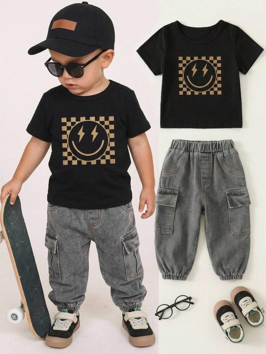 Baby Boy Letter Print T Shirt and Large Pocket Pants 2 Piece Casual Outfit Set for Spring Summer Autumn