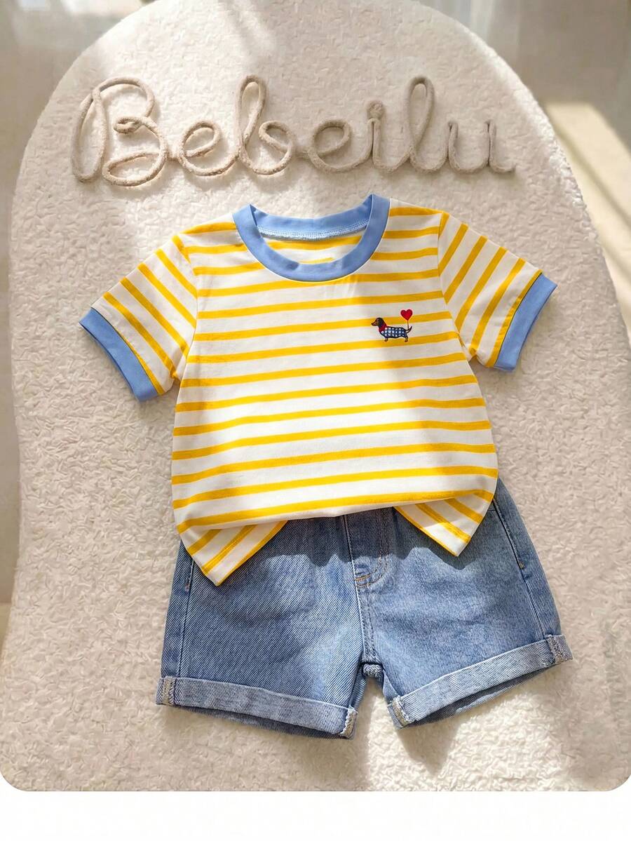 Baby Boy Black and White Striped T Shirt and Denim Shorts 2 Piece Casual Spring Summer Outfit Set