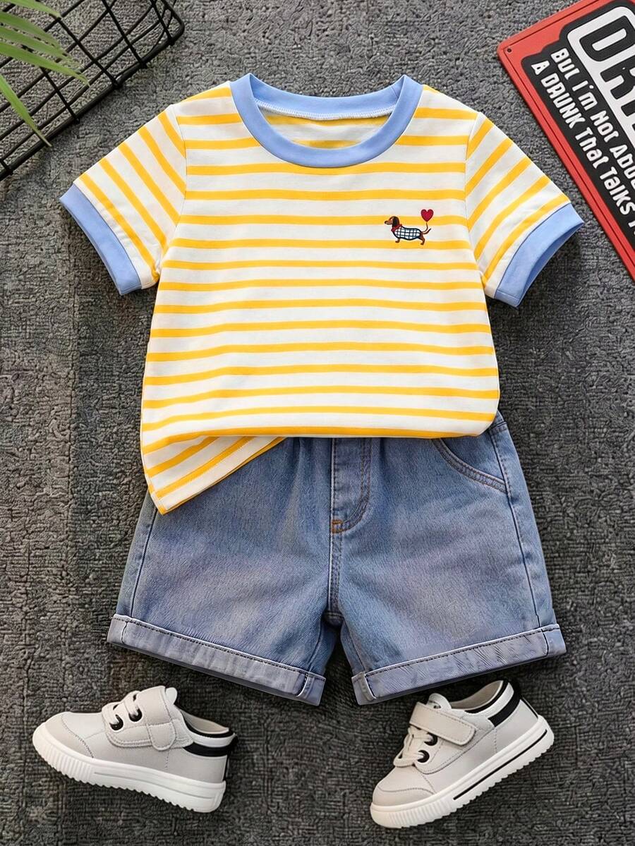 Baby Boy Black and White Striped T Shirt and Denim Shorts 2 Piece Casual Spring Summer Outfit Set