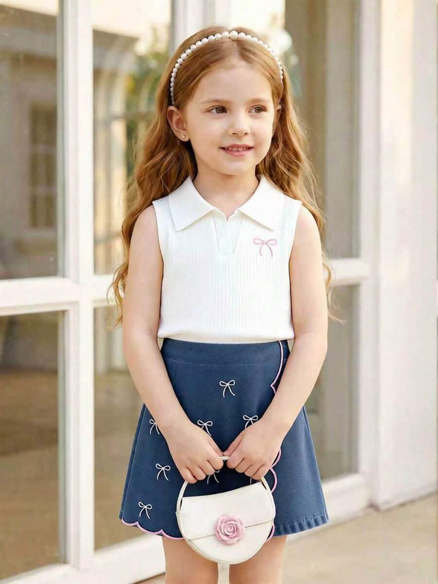 Toddler Girls Textured Knit Vest Top And Denim Skort Flower Embroidered Summer Outfit Set