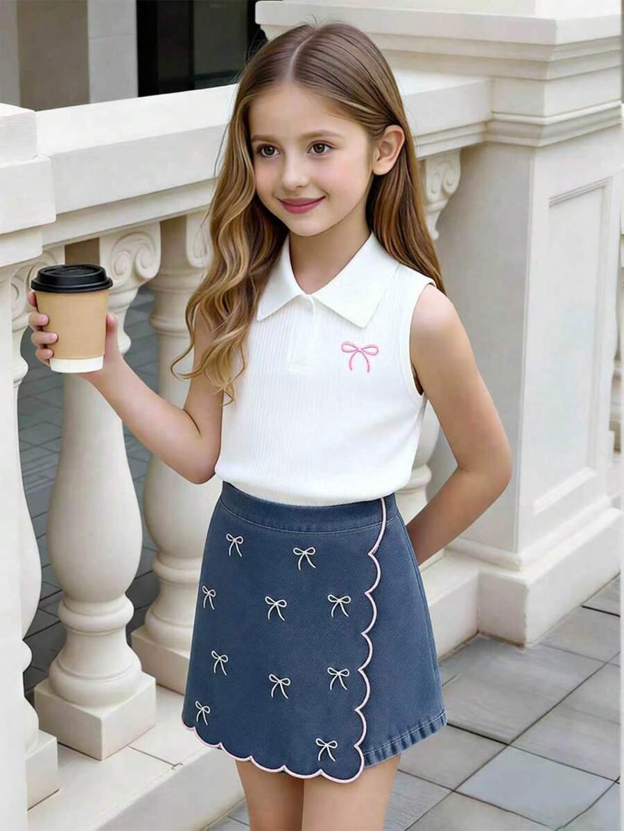 Toddler Girls Textured Knit Vest Top And Denim Skort Flower Embroidered Summer Outfit Set