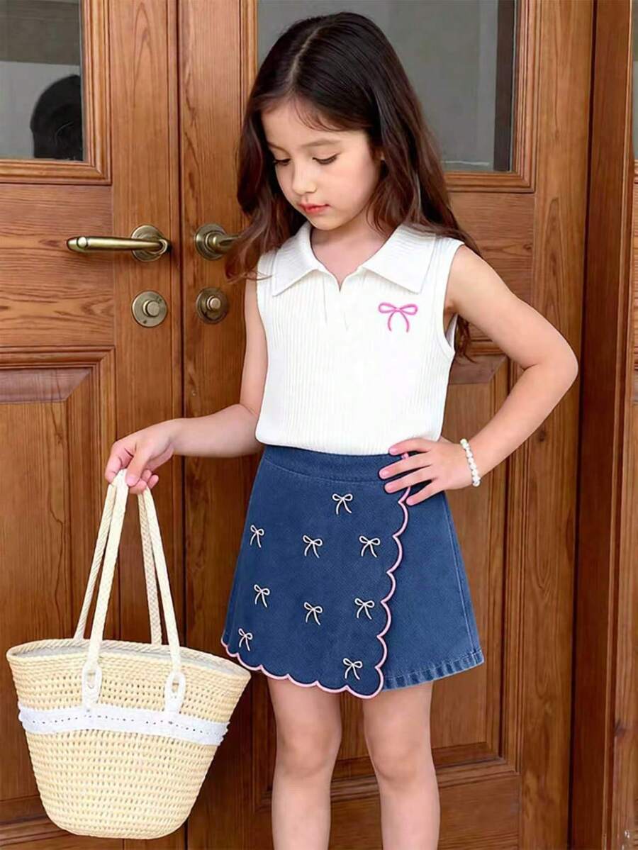 Toddler Girls Textured Knit Vest Top And Denim Skort Flower Embroidered Summer Outfit Set