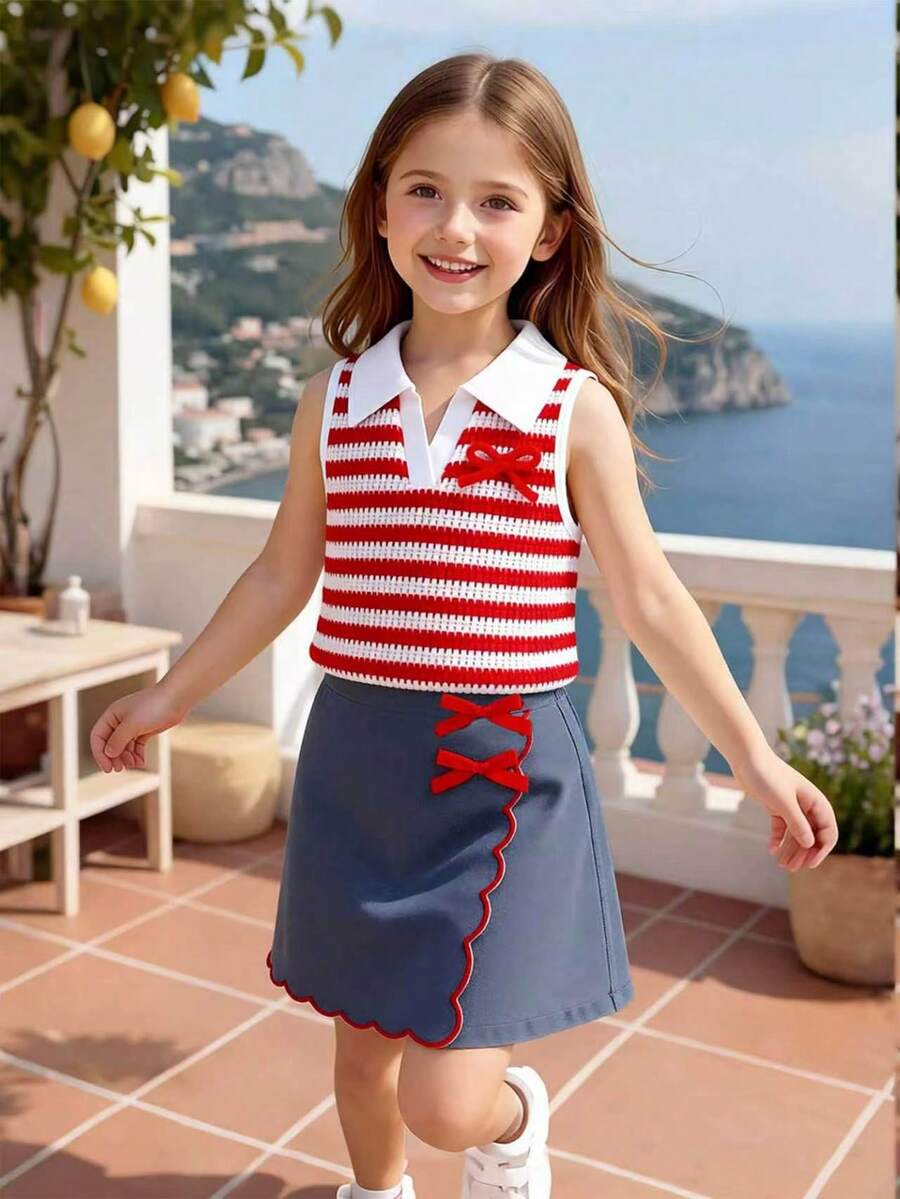 Toddler Girls Textured Knit Vest Top And Denim Skort Flower Embroidered Summer Outfit Set