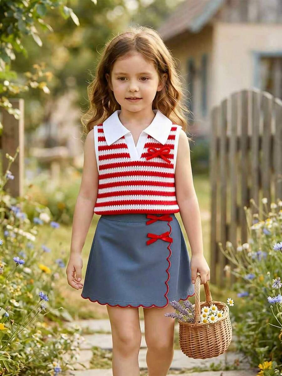 Toddler Girls Textured Knit Vest Top And Denim Skort Flower Embroidered Summer Outfit Set