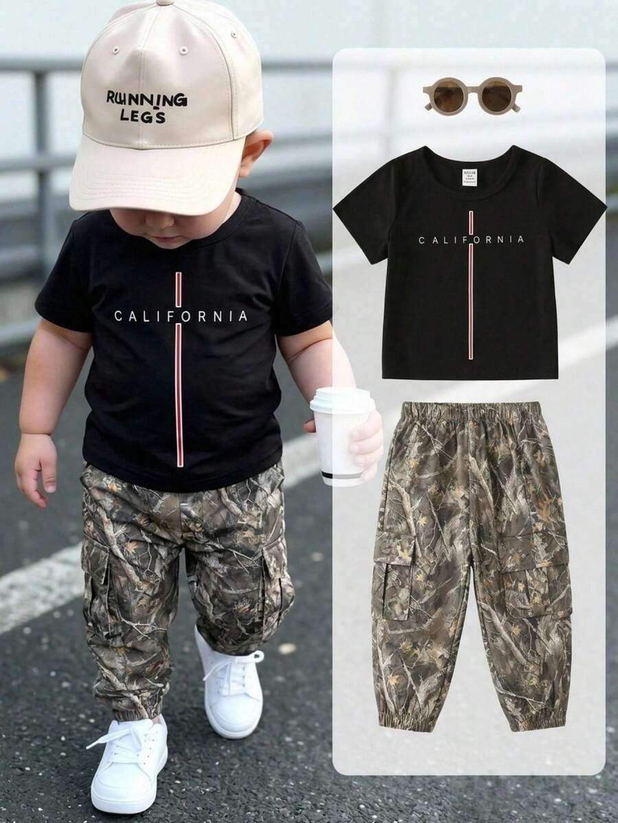 Baby Boy Letter Print T Shirt and Large Pocket Pants 2 Piece Casual Outfit Set for Spring Summer Autumn
