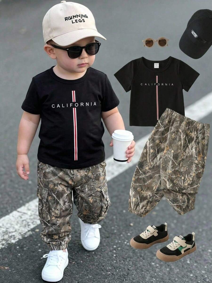 Baby Boy Letter Print T Shirt and Large Pocket Pants 2 Piece Casual Outfit Set for Spring Summer Autumn