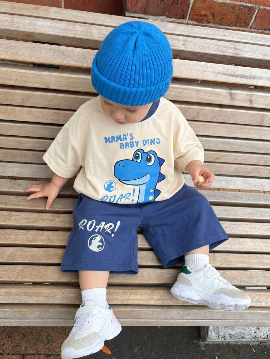 Baby Boy Animal Crayon Print T Shirt and Knitted Shorts 2 Piece Casual Spring Summer Outfit Set
