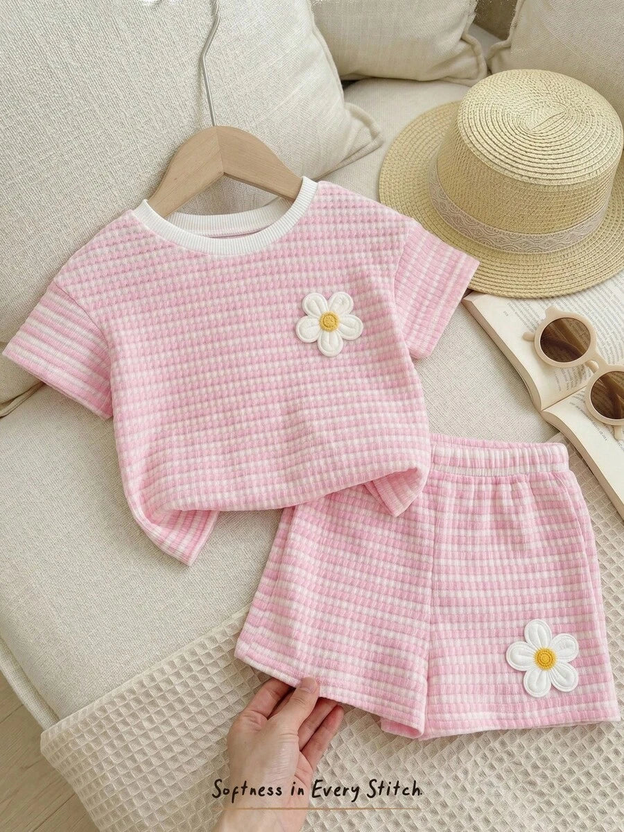 Rainbow Top And Elastic Waist Shorts Set For Toddler Girls Casual Wear