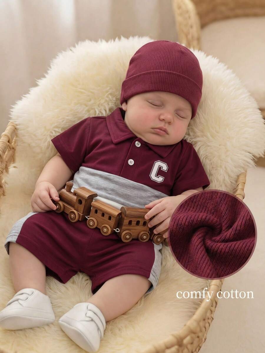 Baby Boys Colorblock Polo Collar Bodysuit and Shorts Set for Casual Summer Wear