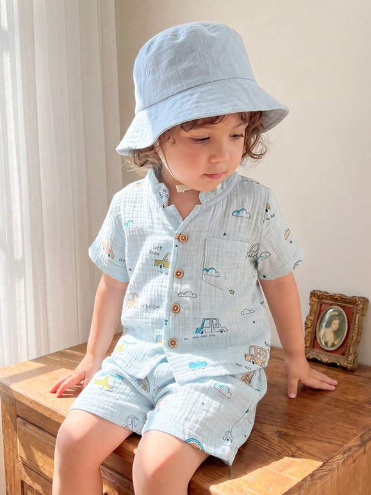 Toddler Boy Summer Vacation Outfit: Plant Print Shirt and Elastic Waist Shorts