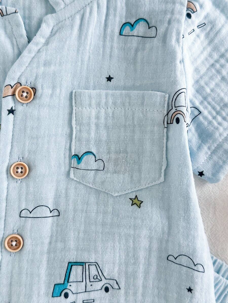 Toddler Boy Summer Vacation Outfit: Plant Print Shirt and Elastic Waist Shorts